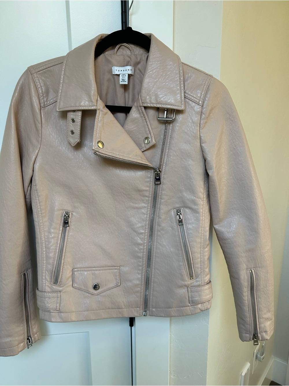 Topshop Light Beige/Peach Leather Moto Jacket